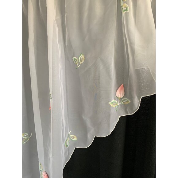 Sheer White Embroidered Curtain Panels with Pink Floral Design Scalloped Edges - Picture 3 of 9